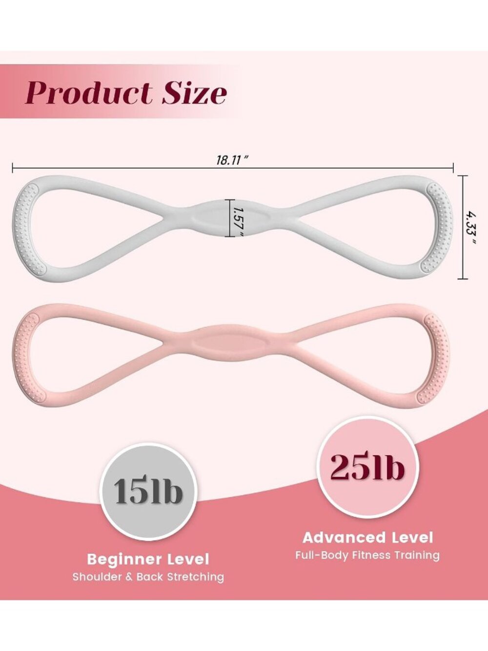 2 Pcs Figure 8 Resistance Pink/Grey Bands Set Yoga Stretch Workout - Picture 5 of 7